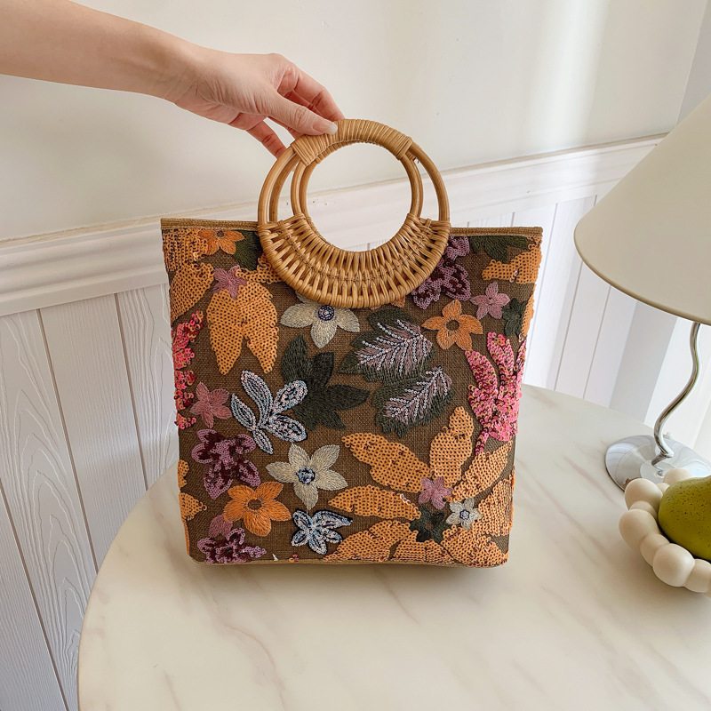 Interior Design Graphic Design - Pailletten-Blumen-Grafik-Tasche mit Griff oben, Retro-Ethno-Tragetasche und